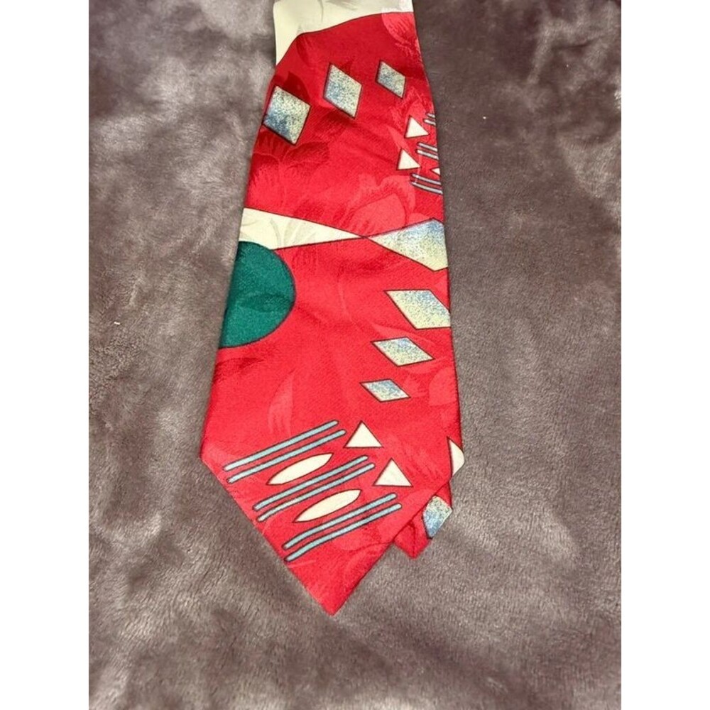VTG 80s 90s Pure Silk Tie Red Memphis Geometric Abstract Retro Italy Necktie